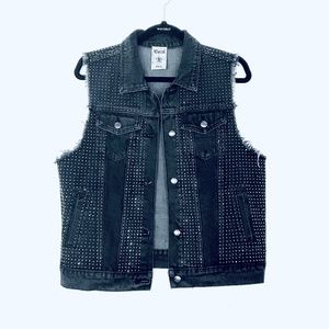 VOCAL USA Y2K Glam Punk Rock Gem Black Jean Distressed Vest Sz L